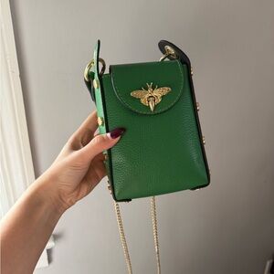 Green Leather Crossbody Bag with Gold Bee Accent